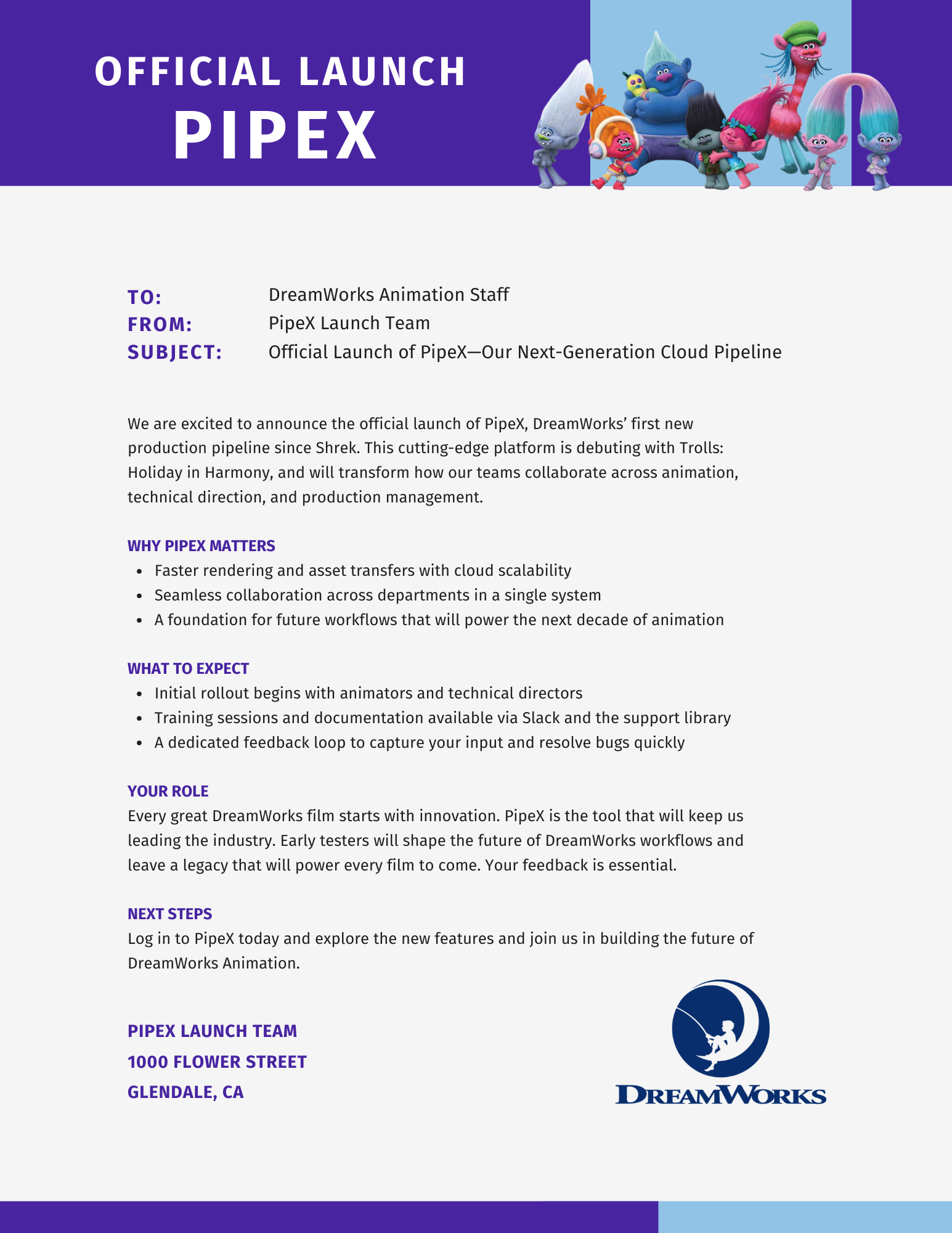 Official PipeX launch letter to DreamWorks Animation staff.