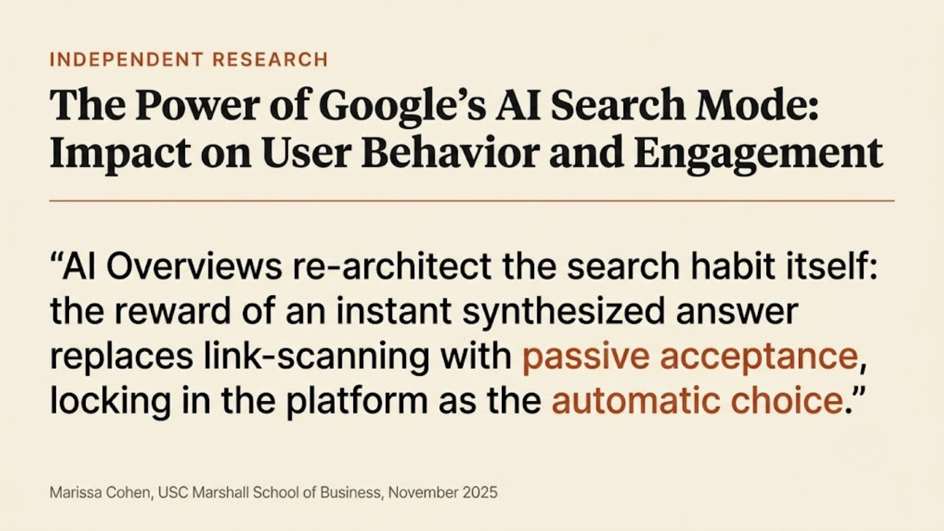 Research document cover for The Power of Google's AI Search Mode: Impact on User Behavior and Engagement by Marissa Cohen, USC Marshall School of Business, November 2025.